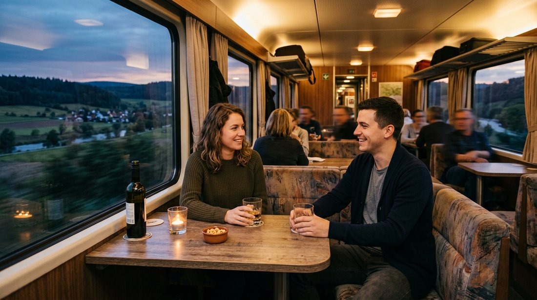 Two friends having a drink at a table in the bistro car of a long-distance train at dusk