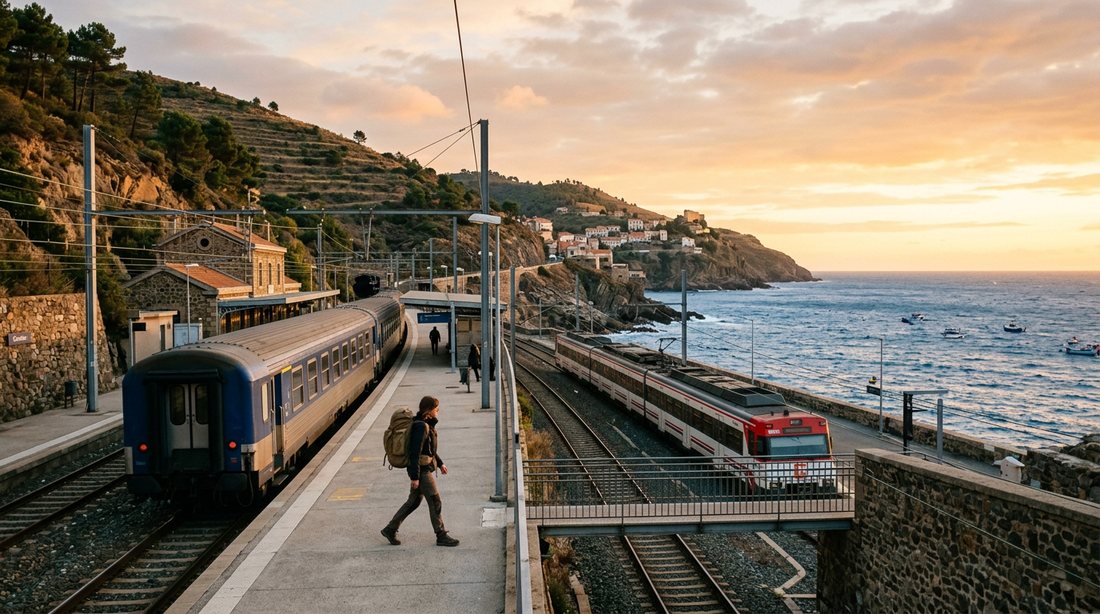 A small border station between rocky hills and the Mediterranean at dawn, a traveller walking between two trains