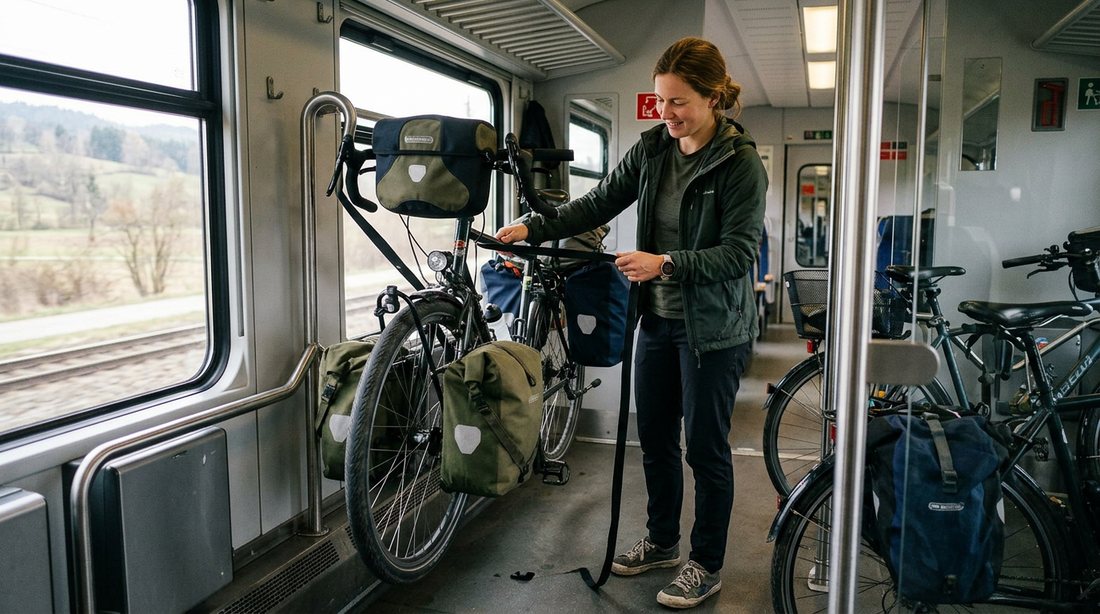 A touring bicycle with panniers hanging in the bike space of a train, its owner securing it