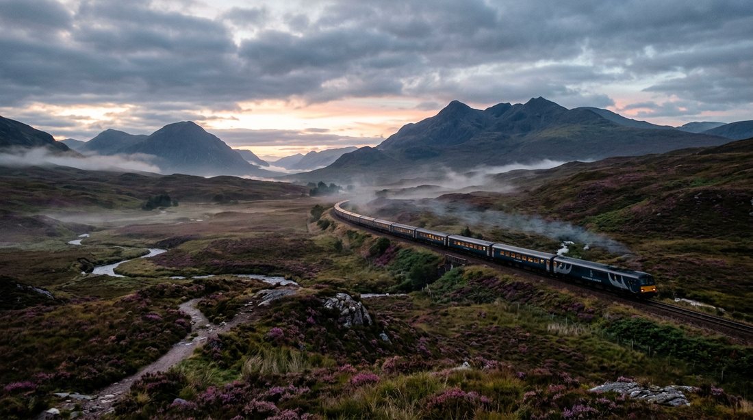 A sleeper train crossing misty Highland moorland with heather and mountains at dawn