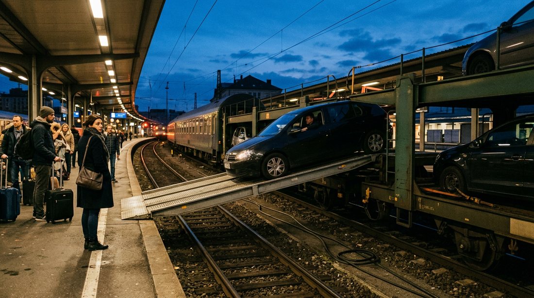 Cars being loaded onto a two-level car-carrier wagon at the end of a night train in the evening