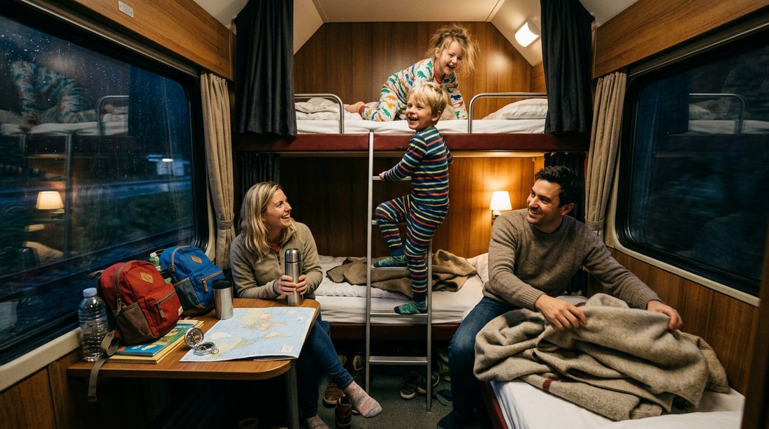 A family with two children in pyjamas settling into the bunks of a night train compartment