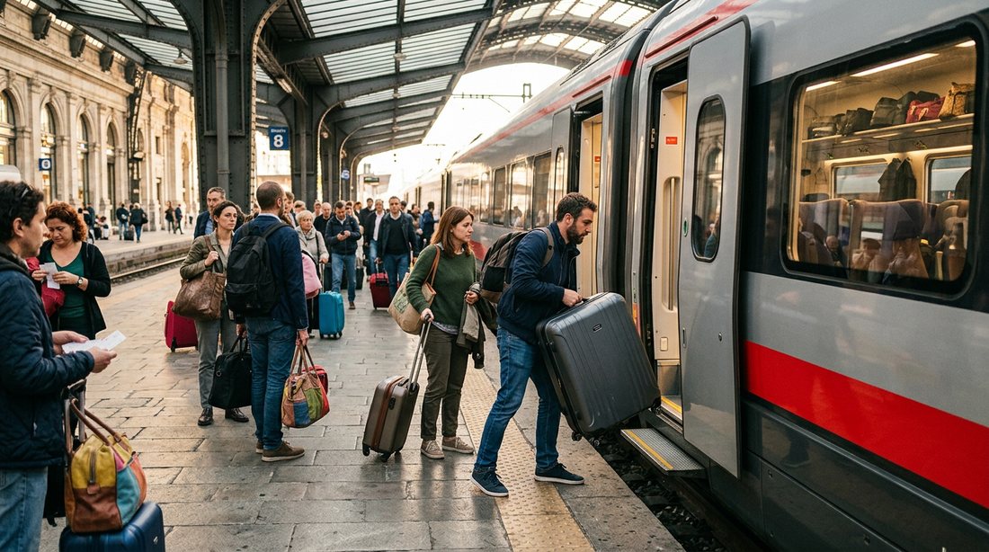 Travellers with suitcases of different sizes boarding a high-speed train on an Italian station platform