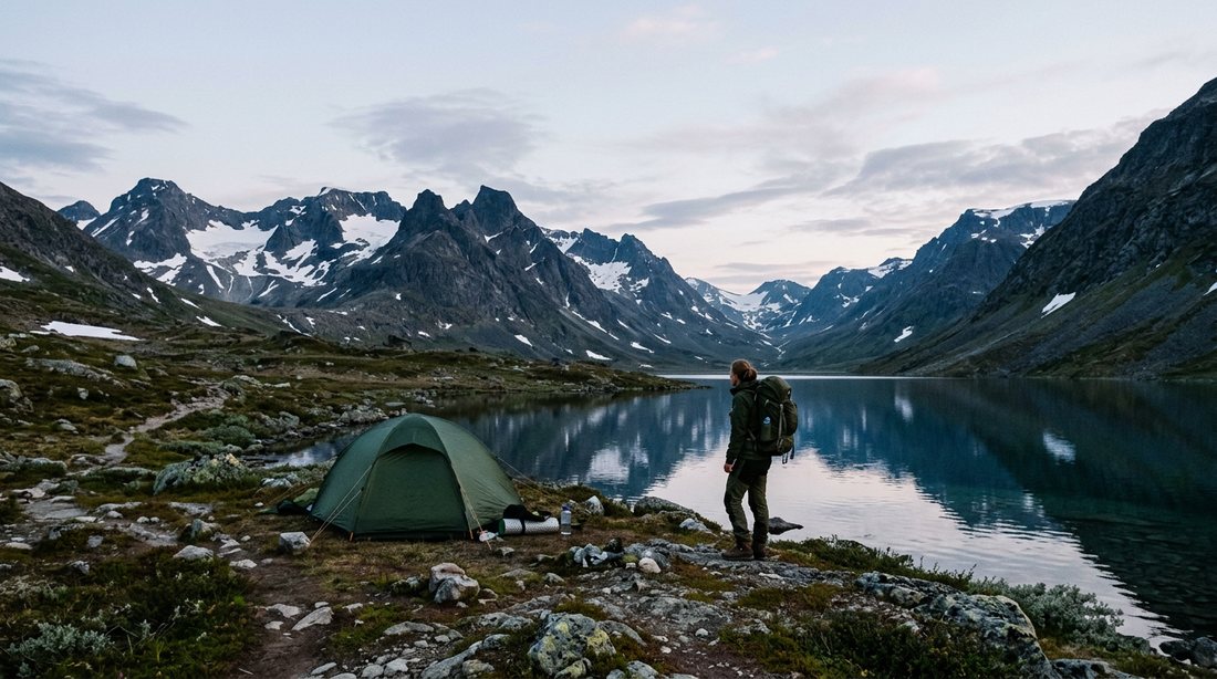 A hiker with a small tent beside a glacial lake below jagged snow-patched peaks on a summer evening