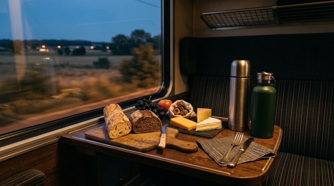 A packed picnic dinner with bread, cheese, fruit and a water bottle on the table of a night train compartment