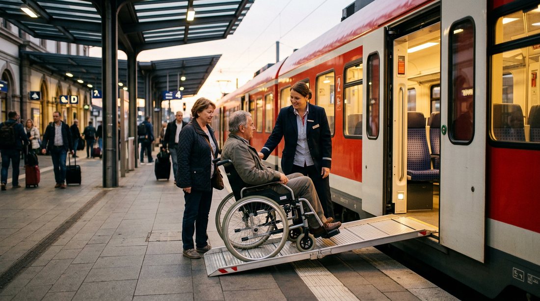 A station assistant helping a wheelchair user board a train using a boarding ramp