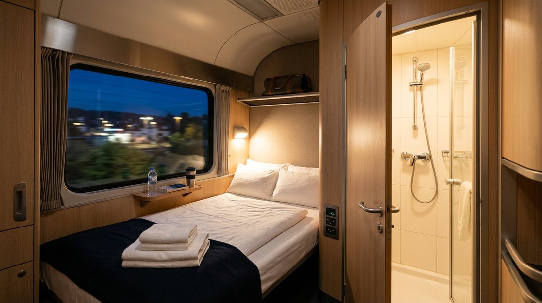 A private sleeper compartment with a made bed, folded towels and a small en-suite shower