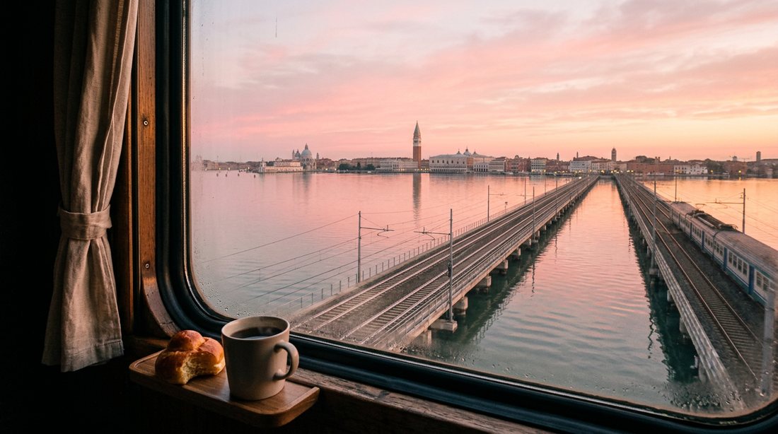 View from a sleeper window at sunrise as the train crosses the causeway over the lagoon towards Venice