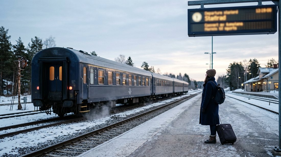 A dark blue sleeper train at a frosty Swedish station platform in the early morning, a traveller with a suitcase waiting