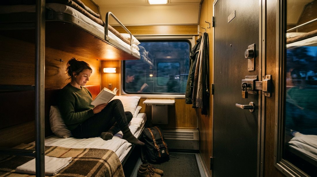 A woman travelling alone reading on the lower berth of a couchette compartment with the door closed